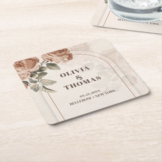 ヴィンテージ銅水色バラセージ茶色の色合い スクエアペーパーコースター (アングル)