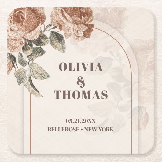 ヴィンテージ銅水色バラセージ茶色の色合い スクエアペーパーコースター (正面)