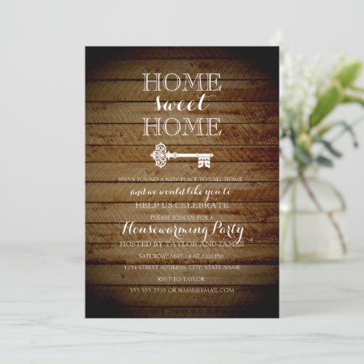 ヴィンテージ鍵ウッドルック引っ越し祝いパーティー招待状 招待状 (スタンド正面)