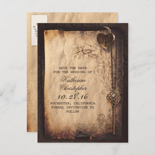 ヴィンテージ鍵ロック古い日付はがきを保存 案内ポストカード (正面/裏面)