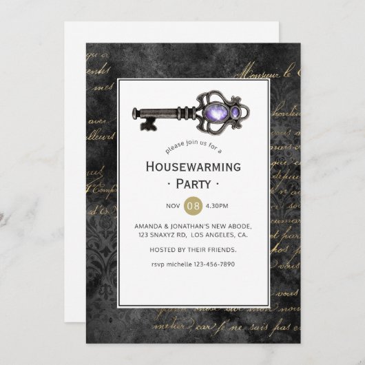 ヴィンテージ鍵引っ越し祝いパーティーパーティー 招待状 (正面/裏面)