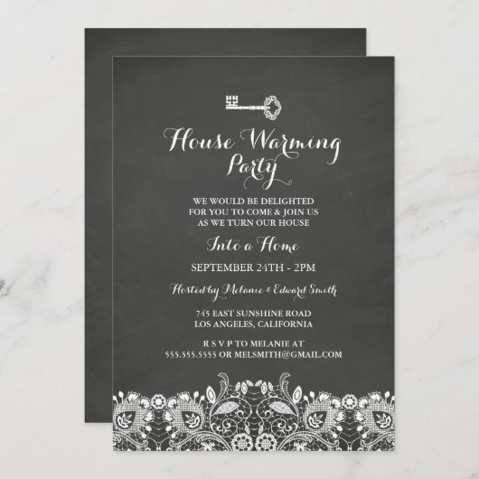 ヴィンテージ鍵&レース引っ越し祝いパーティーパーティー招待状 招待状 (正面/裏面)