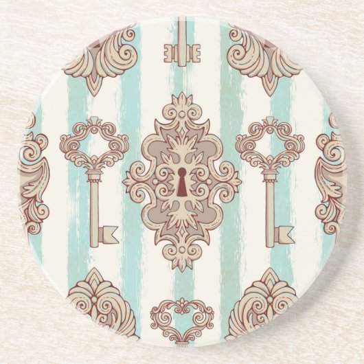 ヴィンテージ鍵、ロック：フリーハンドパターン。 コースター (正面)