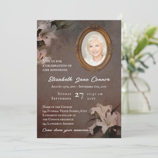 ヴィンテージ鏡フレームリリー写真ライフお祝い 招待状 (スタンド正面)