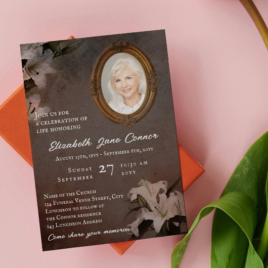 ヴィンテージ鏡フレームリリー写真ライフお祝い 招待状