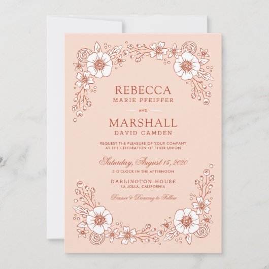 ヴィンテージ開花フローラ結婚式招待状 – オレンジ (正面)