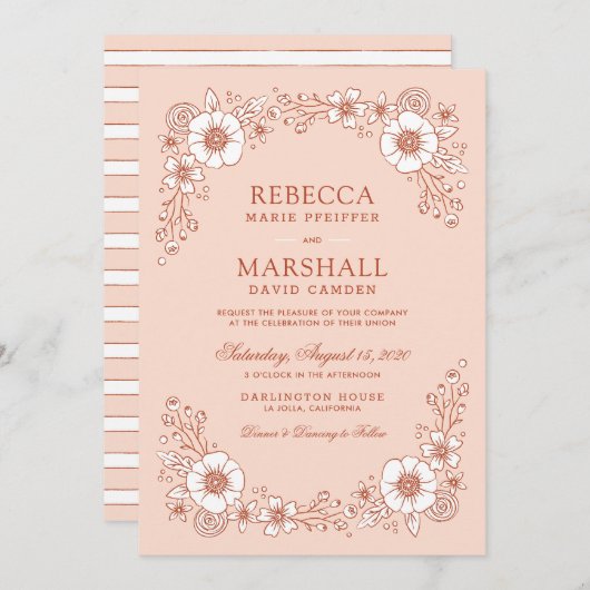 ヴィンテージ開花フローラ結婚式招待状 – オレンジ (正面/裏面)