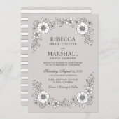 ヴィンテージ開花フローラ結婚式招待状 – グレー (正面/裏面)