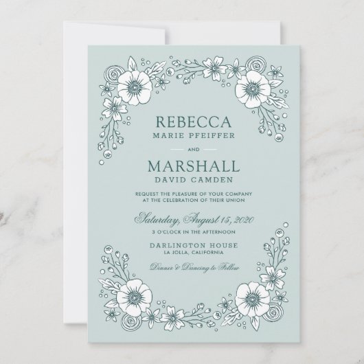 ヴィンテージ開花フローラ結婚式招待状-ティール（緑がかった色） (正面)