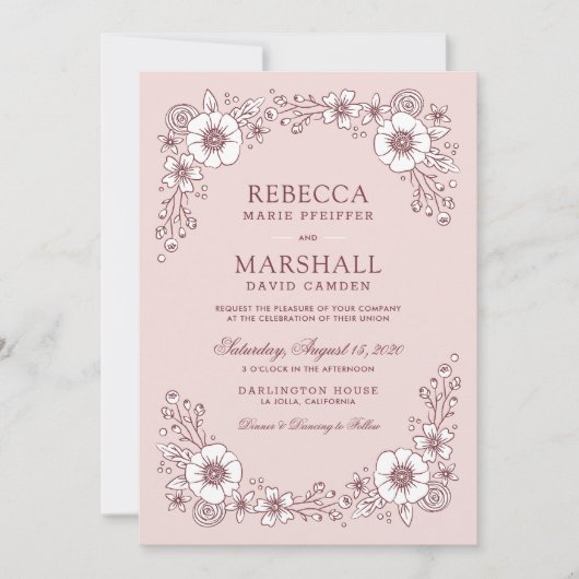 ヴィンテージ開花フローラ結婚式招待状 – ピンク (正面)
