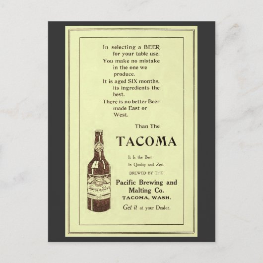 ヴィンテージ雑誌及びタコマのテーブルビール ポストカード (正面)