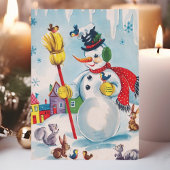 ヴィンテージ雪だるまとウッドランドアニマルキュートレトロ シーズンポストカード