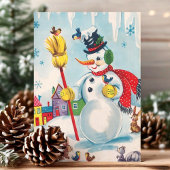 ヴィンテージ雪だるまとウッドランドアニマルキュートレトロ シーズンポストカード