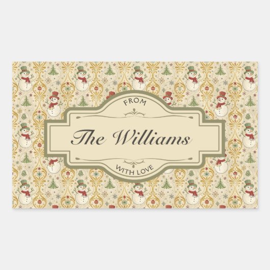 ヴィンテージ雪だるまとクリスマスツリーカスタム 長方形シール (正面)