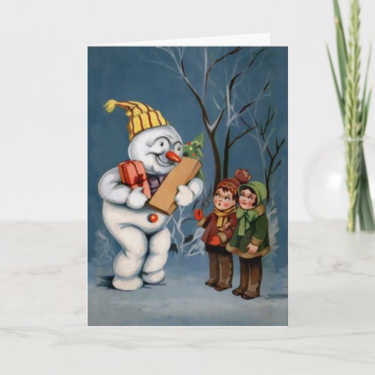 ヴィンテージ雪だるまとプレゼントクリスマスカード シーズンカード (正面)