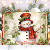 ヴィンテージ雪だるまとホリーメリークリスマス シーズンカード