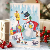 ヴィンテージ雪だるまと動物のクリスマス シーズンカード