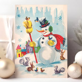 ヴィンテージ雪だるまと動物のクリスマス シーズンカード