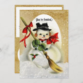 ヴィンテージ雪だるまと金ゴールドグリッタークリスマスパーティー 招待状 (正面/裏面)