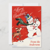 ヴィンテージ雪だるまと鹿のカスタムクリスマス シーズンカード (正面)