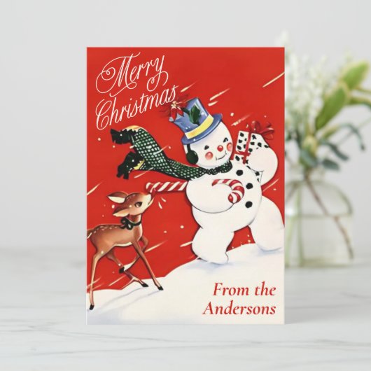 ヴィンテージ雪だるまと鹿のカスタムクリスマス シーズンカード (スタンド正面)