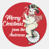 ヴィンテージ雪だるまオン一輪車カスタムクリスマス ラウンドシール (正面)