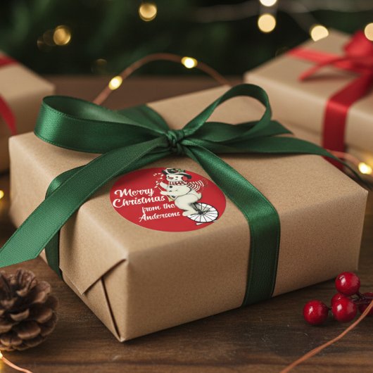 ヴィンテージ雪だるまオン一輪車カスタムクリスマス ラウンドシール