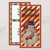 ヴィンテージ雪だるまオン赤および金ゴールドストライプフラットカード (正面/裏面)