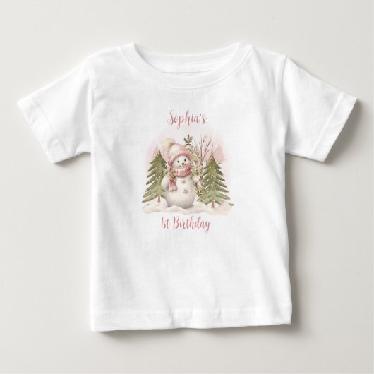 ヴィンテージ雪だるまガールピンクファースト誕生日Tシャツ ベビーTシャツ (正面)