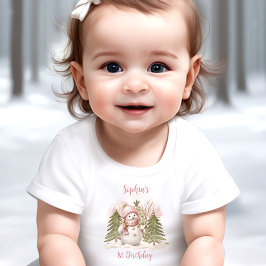 ヴィンテージ雪だるまガールピンクファースト誕生日Tシャツ ベビーTシャツ