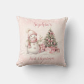 ヴィンテージ雪だるまガールピンク初めてのクリスマス枕 クッション (正面)
