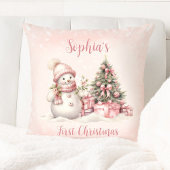 ヴィンテージ雪だるまガールピンク初めてのクリスマス枕 クッション