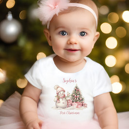 ヴィンテージ雪だるまガールピンク初めてのクリスマスTシャツ ベビーTシャツ
