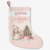 ヴィンテージ雪だるまガールピンク1stクリスマスストッキング スモールクリスマスストッキング (正面)