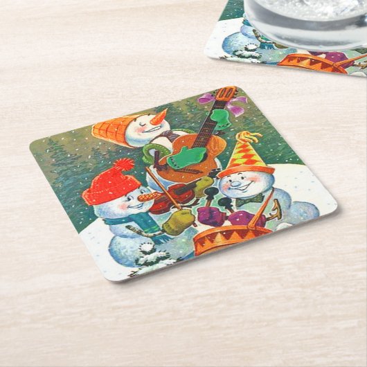 ヴィンテージ雪だるまクリスマスバンド スクエアペーパーコースター (アングル)