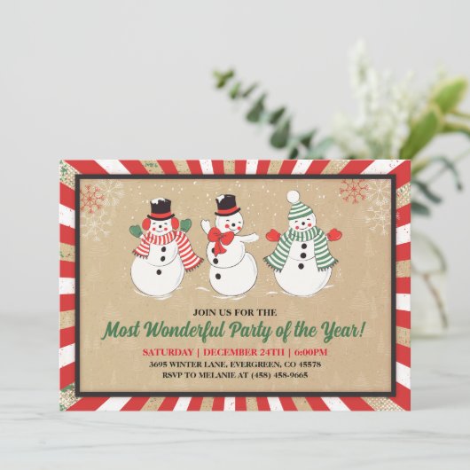 ヴィンテージ雪だるまクリスマスパーティの招待状 招待状 (スタンド正面)
