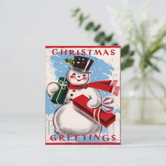 ヴィンテージ雪だるまクリスマス用挨拶はがき シーズンポストカード (スタンド正面)