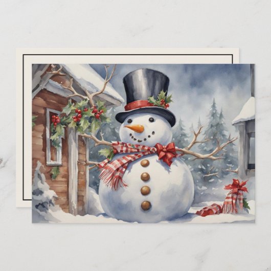 ヴィンテージ雪だるまトップハットホリーベリークリスマス シーズンカード (正面/裏面)