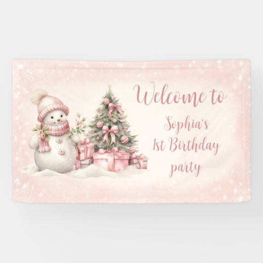 ヴィンテージ雪だるまピンクのクリスマス1st誕生日バナー 横断幕 (横)