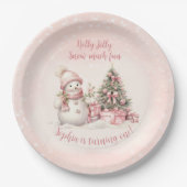 ヴィンテージ雪だるまピンククリスマスファースト誕生日 ペーパープレート (正面)