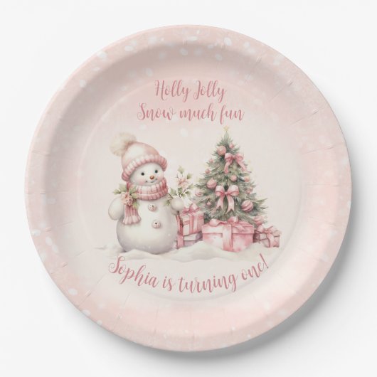 ヴィンテージ雪だるまピンククリスマスファースト誕生日 ペーパープレート (正面)