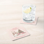 ヴィンテージ雪だるまピンククリスマス1日 スクエアペーパーコースター (インサイチュ)