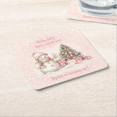 ヴィンテージ雪だるまピンククリスマス1日 スクエアペーパーコースター (アングル)