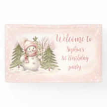 ヴィンテージ雪だるまピンク冬1stバースデーバナー