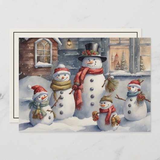 ヴィンテージ雪だるまファミリーメリークリスマス シーズンカード (正面/裏面)