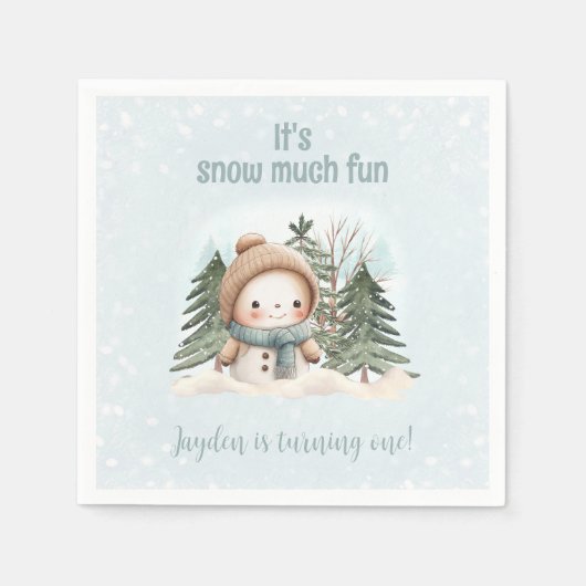 ヴィンテージ雪だるまブルーウィンターファースト誕生日ナプキンス スタンダードカクテルナプキン (正面)