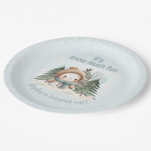 ヴィンテージ雪だるまブルーウィンターファースト誕生日 ペーパープレート (アングル)