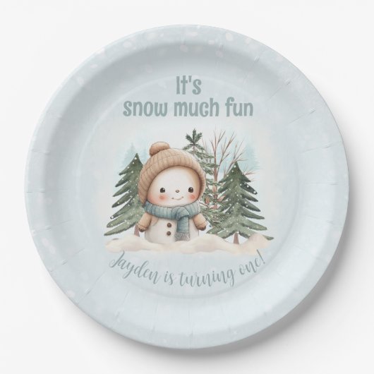 ヴィンテージ雪だるまブルーウィンターファースト誕生日 ペーパープレート (正面)