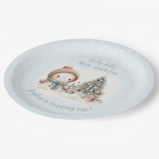 ヴィンテージ雪だるまブルークリスマスファースト誕生日 ペーパープレート (アングル)