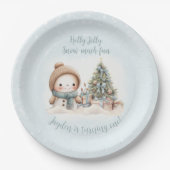 ヴィンテージ雪だるまブルークリスマスファースト誕生日 ペーパープレート (正面)